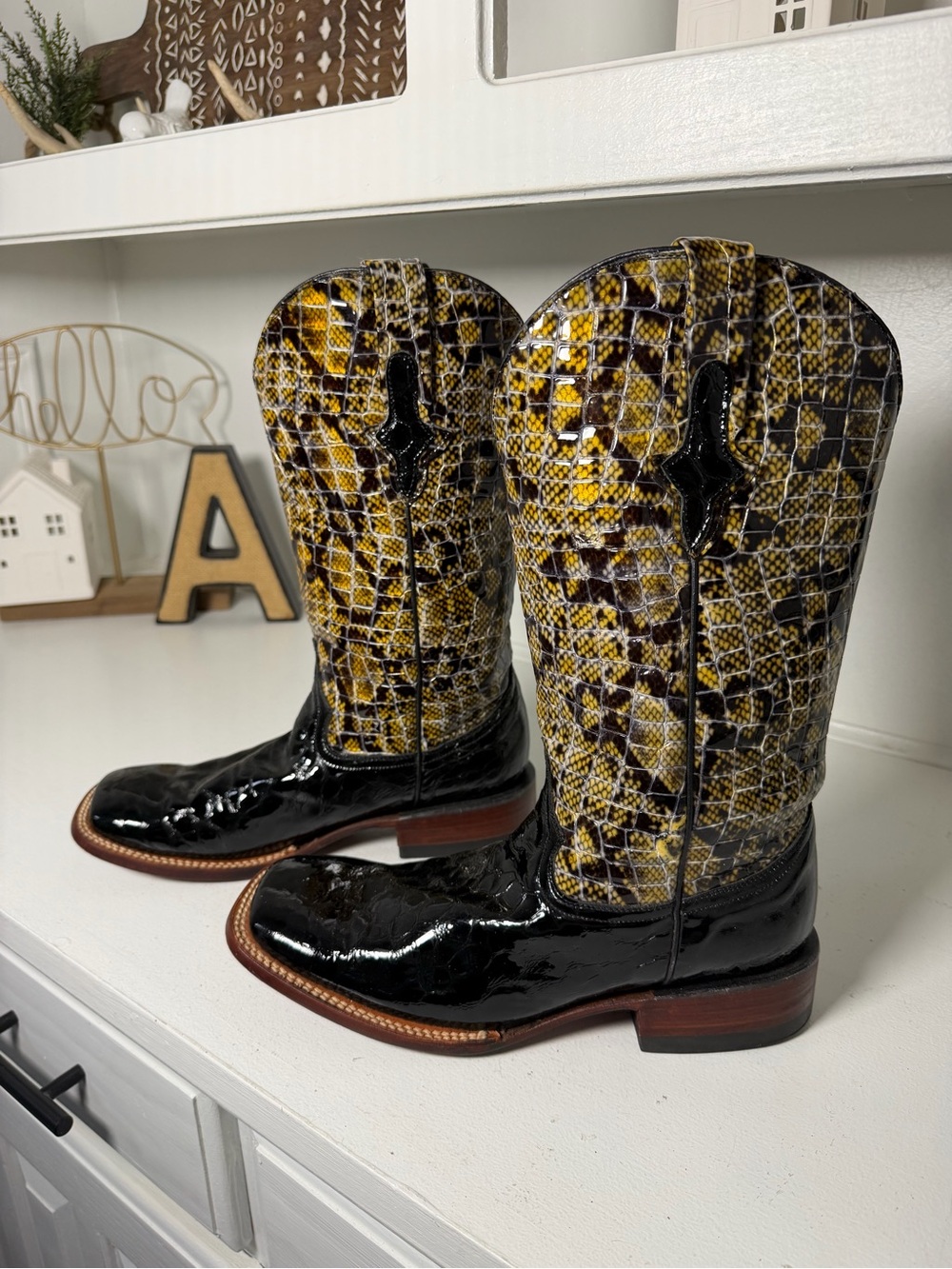 Ferrini Womens 10B Black Patent Snake Print Cowboy Boots Exotic Western